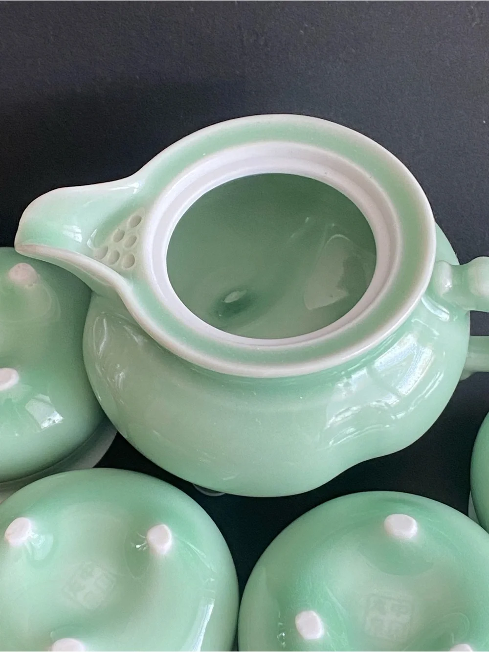 Vtg Chinese Gongfu Celadon Tea Pot 4 Cups Set Jade Green Glaze Horse On The Lid